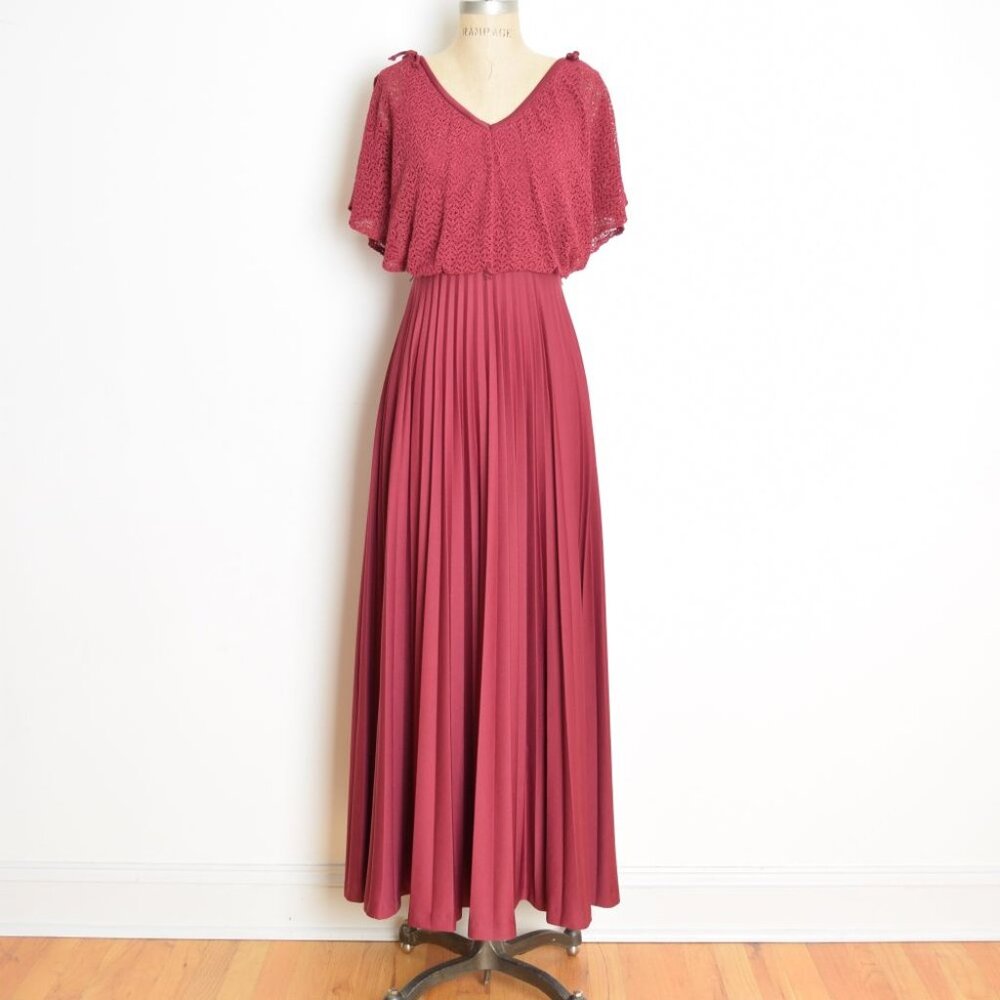 vintage 70s prom dress burgundy crochet lace flutter draped pleated long maxi XS